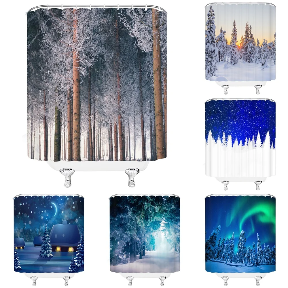 

Winter Forest Shower Curtain for Bathroom Snow House Cold Outside Trees Scenery Bathtub Waterproof Fabric Washable Bath Curtains