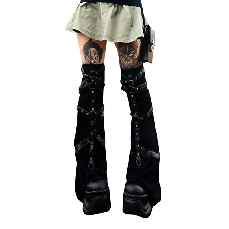 

Punk Style Ankle Leg Warmer Black Metal Buckle Leg Warmers Knitted High Knee Legging Boot Socks for Women