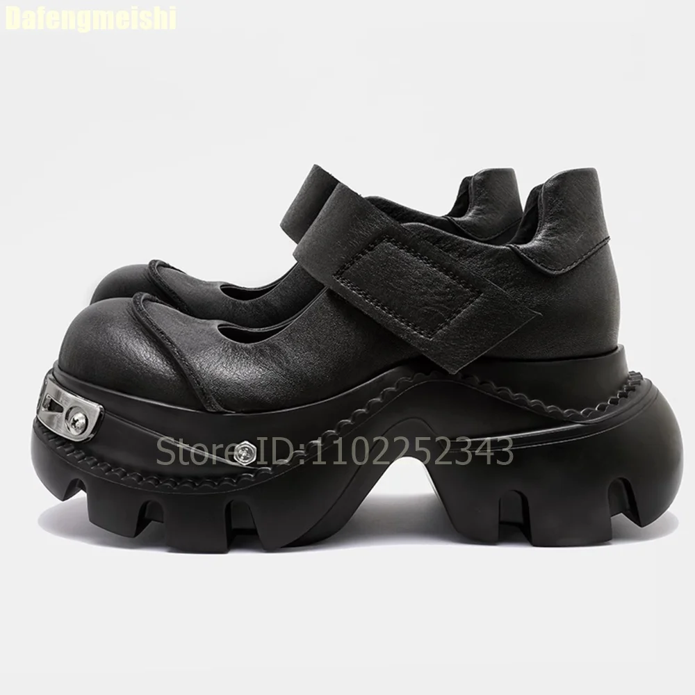 

2025 New Thick-Soled Mary Jane Shoes Women Punk Style Summer Shallow Round Toe Black Leather Shoes Height-Increasing Pumps