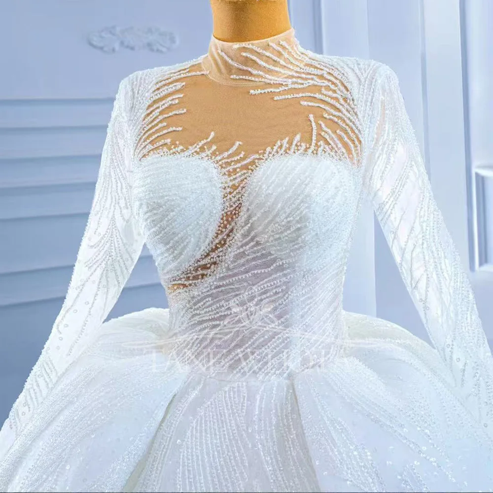 Suknia Slubna High Neck Long Sleeve Lace Up Back Crystal Sequined Embroidery Customized Wedding Dress Luxury