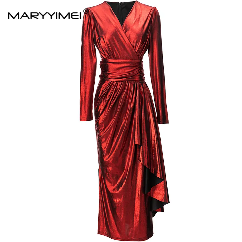 

MARYYIMEI New Fashion Runway Designer Dress Women's V-Neck Long Sleeve Soild Color Silk Slim Waist Tightening Dress