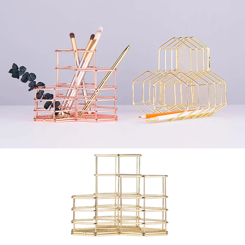 

Hexagon Iron Pen Holder Gold Sturdy Desk Organizer Pencil Cup Makeup Brush Tools Stationery Container