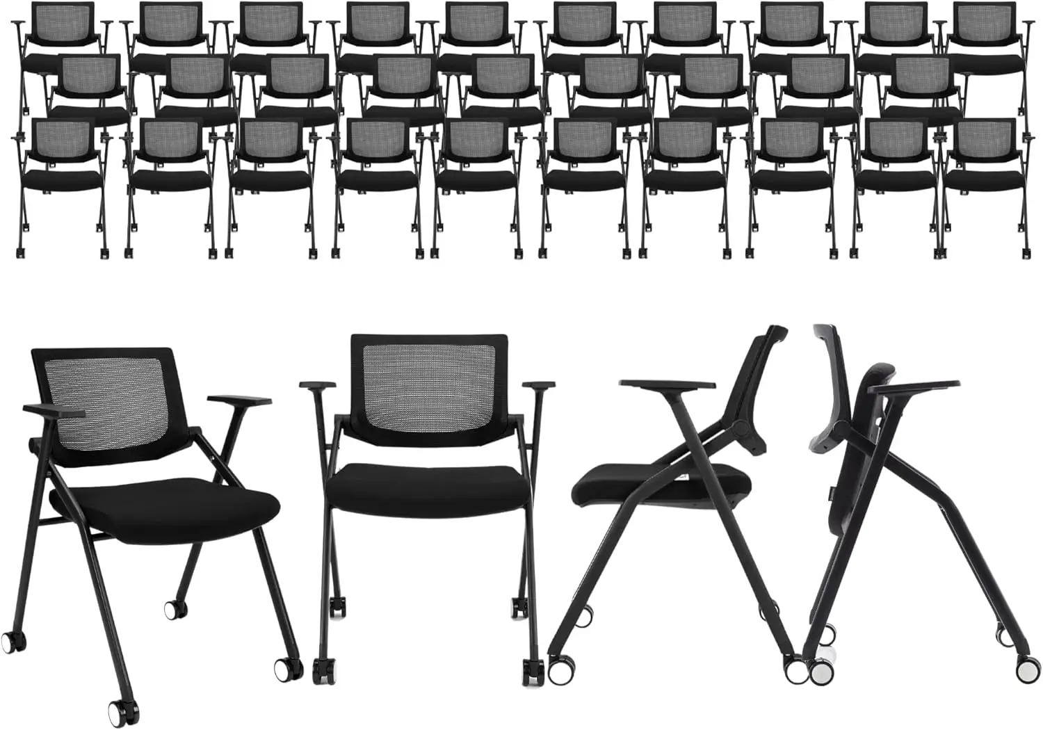 30 Pack Stackable Conference Room Chairs With Wheels And Paddle, Ergonomic Mesh Back And Arms For Meeting, Conference,