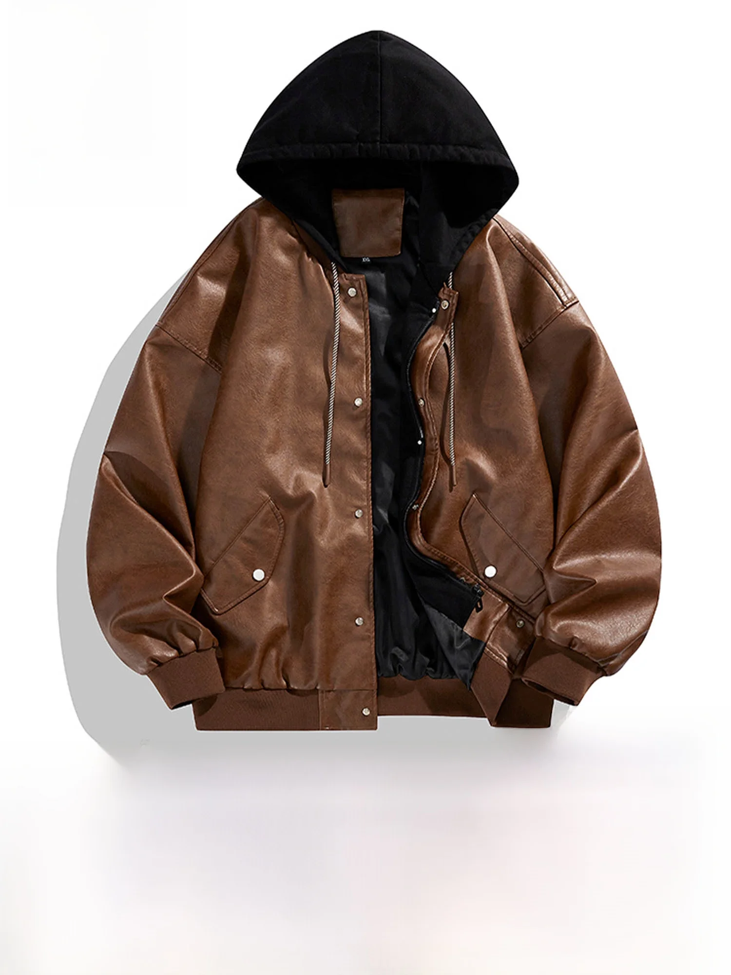 

True Weave American Sle Loose Fit Hooded PU Leather Jaet Men's Trendy Brand Casual Wear Polyester Cotton Blend Zipper Clo...