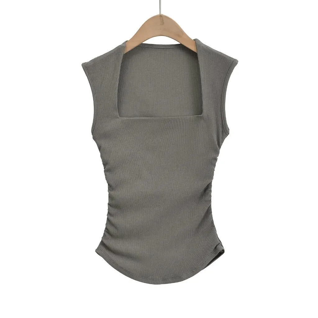 

Women's Sleeveless Vest Tight Pleated Square Collar Slim-fit Top Pure Desire Spice Girl Outer Wear for Summer
