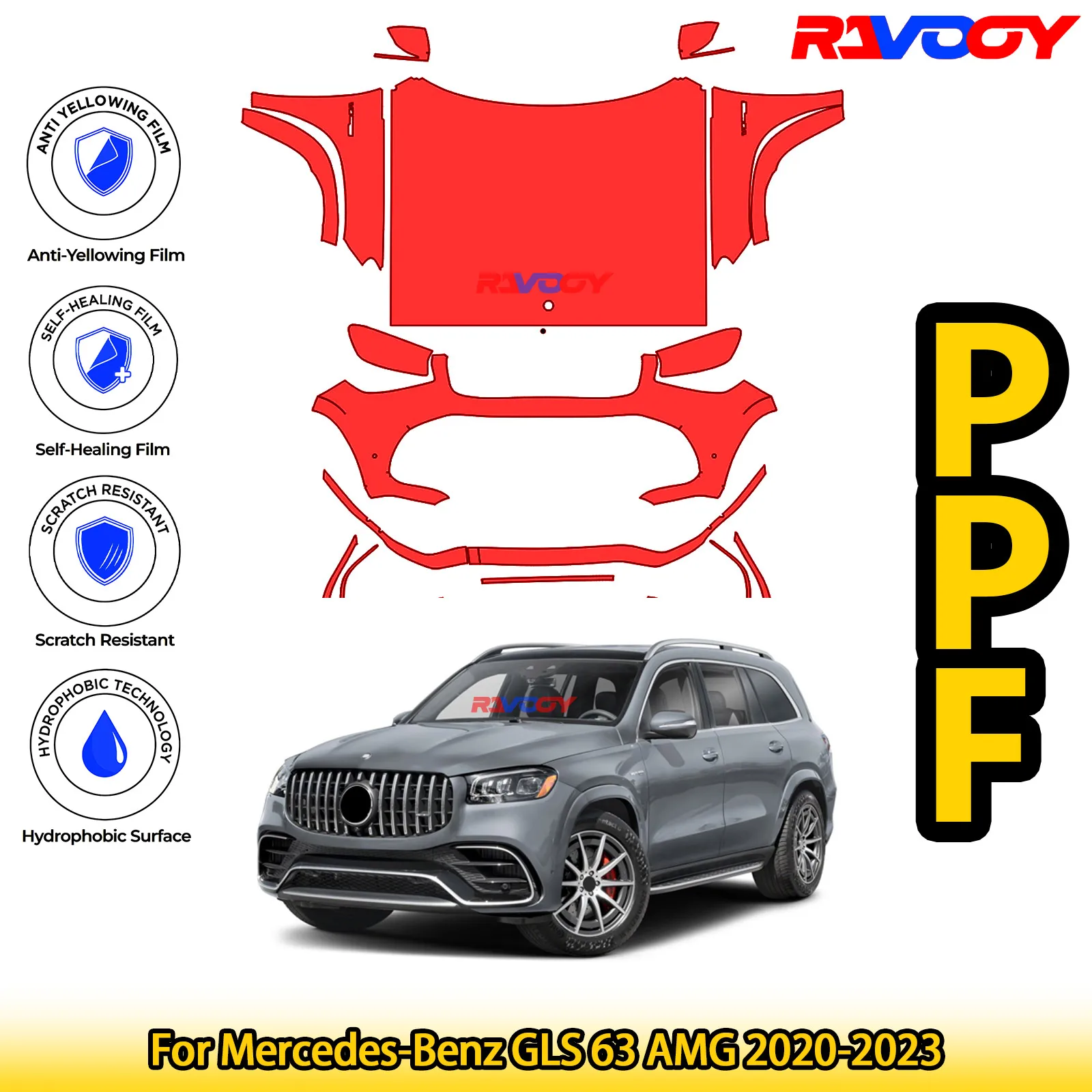 

Для Mercedes-Benz GLS 63 AMG 2020-2023, глянцевая матовая черная предварительно вырезанная передняя защитная пленка PPF, комплект