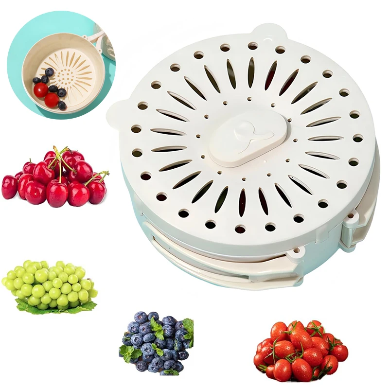 Fruit Drain Basket with Lid Vegetable Washing Bowl Foldable Handle Cleaning Colander Plastic Refrigerator Crisper Kitchen Box