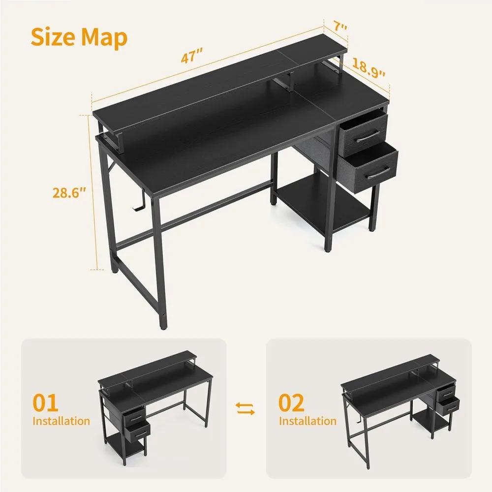 Computer Desk with Drawers, 47 Inch Reversible Office Desk with Monitor Stand and Storage Shelves,Work Writing Study Desk，Black