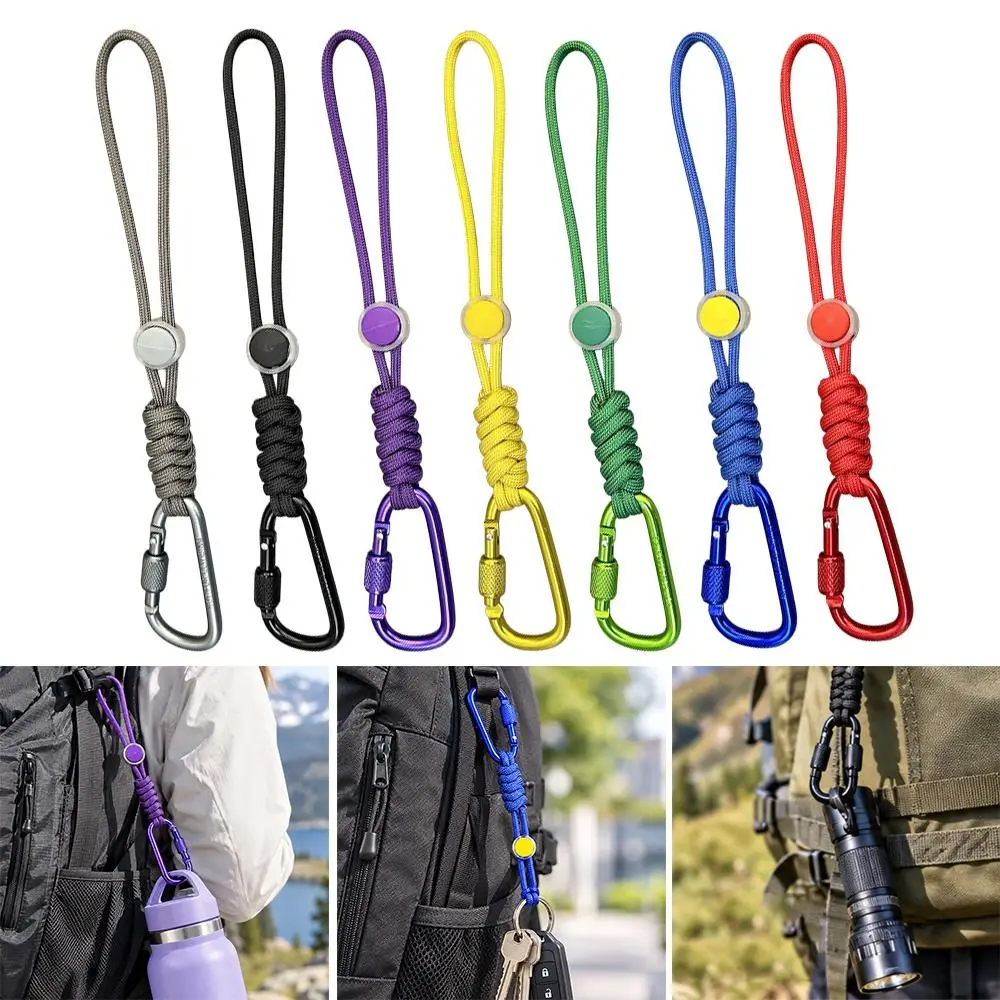 Portable D-Shaped Locking Water Bottle Clip Quick-Release Aluminum Outdoor Anti-Theft Rope with Anti-Loss Lanyard