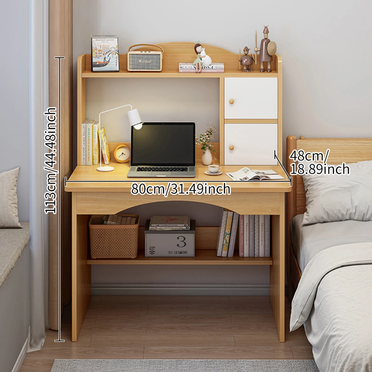 مكتب كمبيوتر من الخشب الصلب، مكتب كمبيوتر منزلي للطلاب، غرفة نوم بجانب السرير، طاولة صغيرة مع رف تخزين خزانة مزدوجة #2
