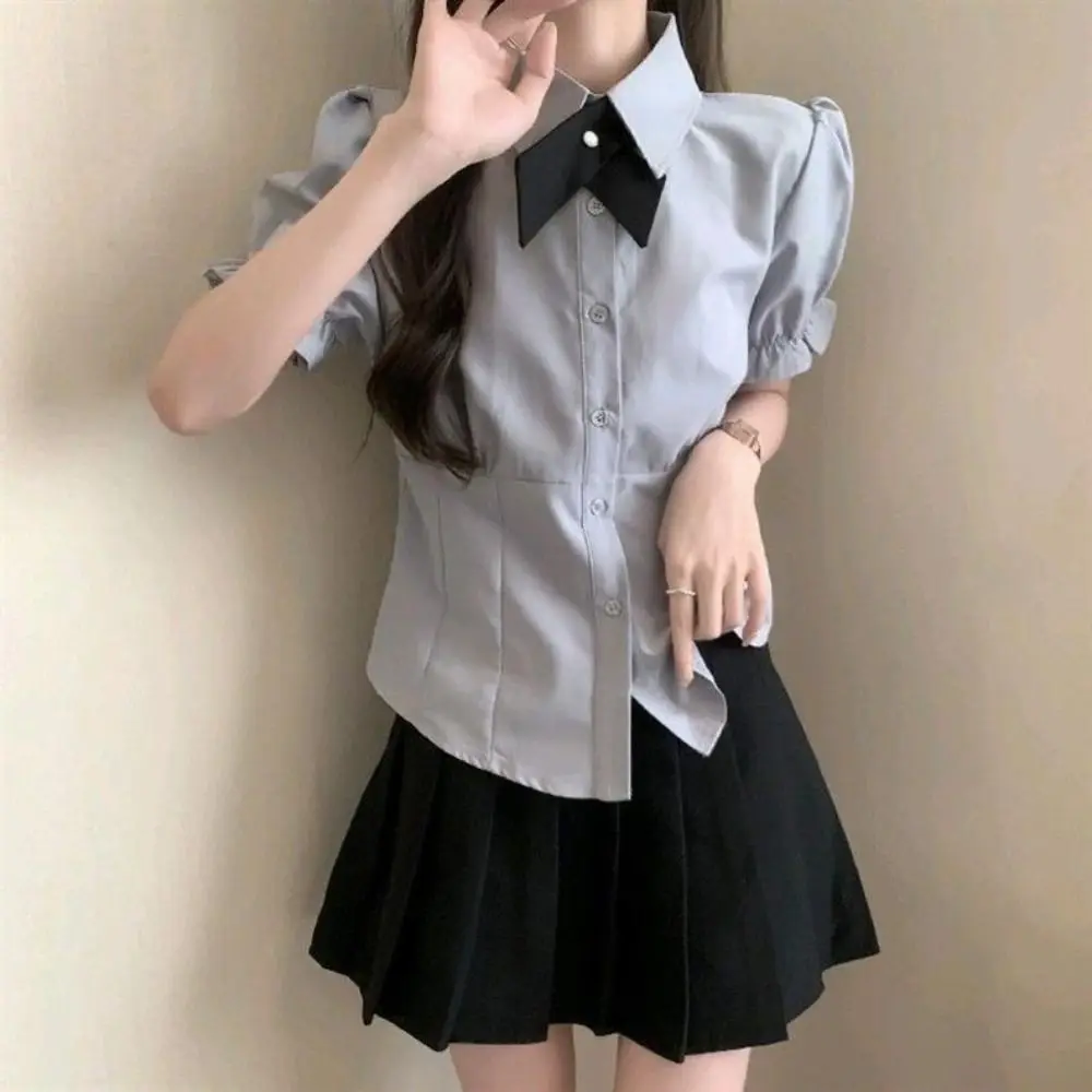 Bowknot JK Short Sleeve Shirts Y2K Preppy Style Slim Blouse Women Puff Sleeve Crop Top Sweet Girls Shirts Streetwear