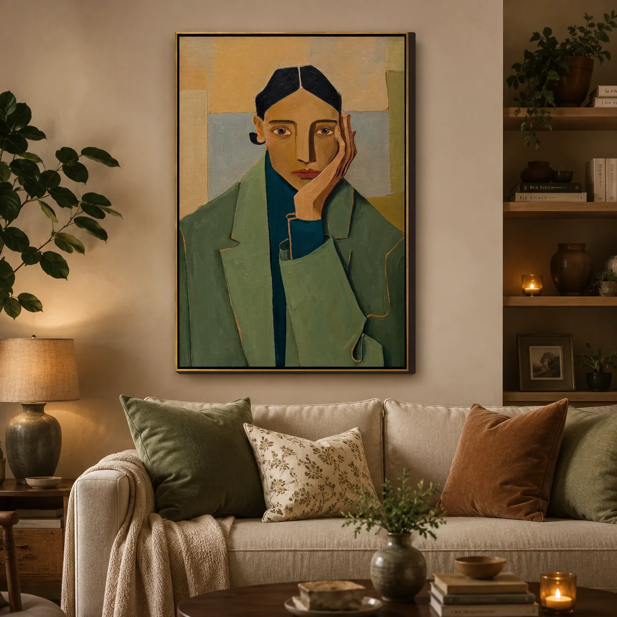 Jade Geometry – Cubist Figure Portrait Painting | Mid-Century Modern Vertical Art for Bedroom, Living Room, Office