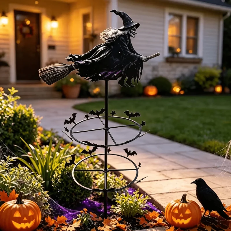 Halloween Witch Riding Broomstick Windmill Ground Stake, Outdoor Yard and Home Decor, Bat Spinning Wrought Iron Decorative Craft