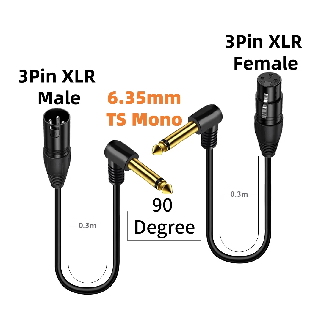 

30cm 90 Degree 6.35mm to XLR Unbalanced Microphone Cable XLR to 1/4 6.35mm TS Right Angle Mono Adapter Cable for Mixer Amplifier