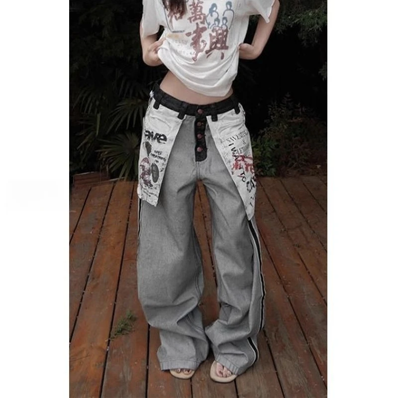 

Женские серые готические джинсы большого размера Y2k, винтажные мешковатые джинсовые брюки в стиле Харадзюку, уличная одежда в японском стиле 2000-х, джинсы, осенние брюки