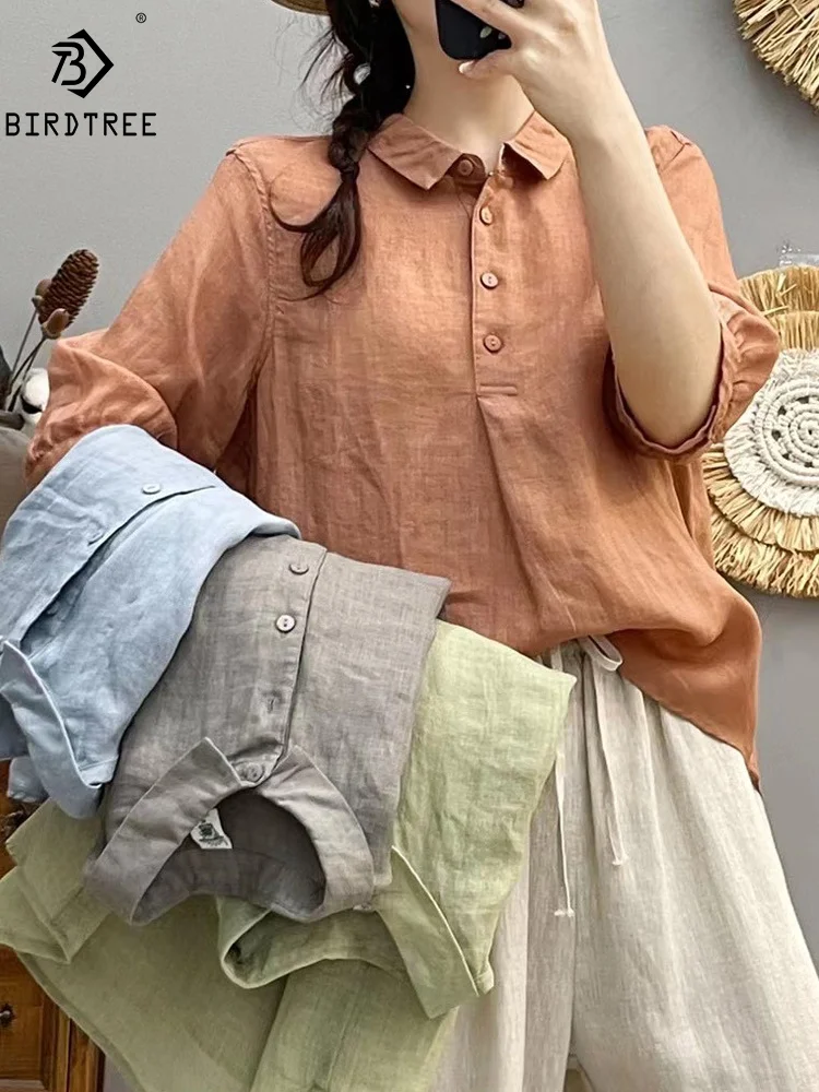 

New Summer Ramie Half Sleeve Shirt Turn-down Collar Solid Color Tops Mori Girl Casual Sweet Loose Blouse 2024 Autumn T46701QM