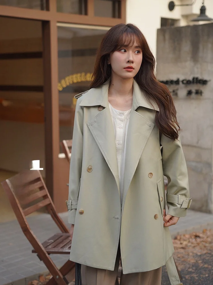 

Женская укороченная двубортная ветровка свободного кроя в британском стиле, весенняя модная модель из смесовой ткани (полиэстер/вискоза)