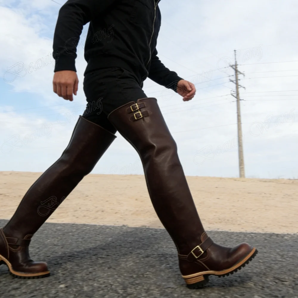 Braune Herrenstiefel mit Seitenschnalle Coole Ritterschuhe Lange Lederschuhe mit Quadratischem Absatz und Runder Spitze Hohe Schuhe für Männer Zapatos Para Hombres