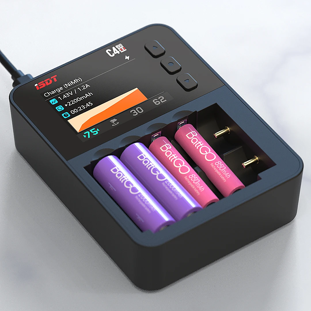 ISDT C4 EVO Smart Battery Charger With Type-C QC3.0 Output for AA AAA Li-ion Battery with IPS Display Screen