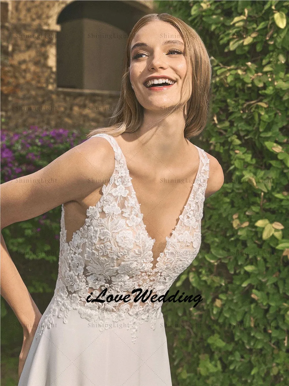 ShiningLight ボヘミア A ラインシフォンウェディングドレス女性のためのノースリーブレース V ネック花嫁ドレス Vestido デノビアカスタマイズ
