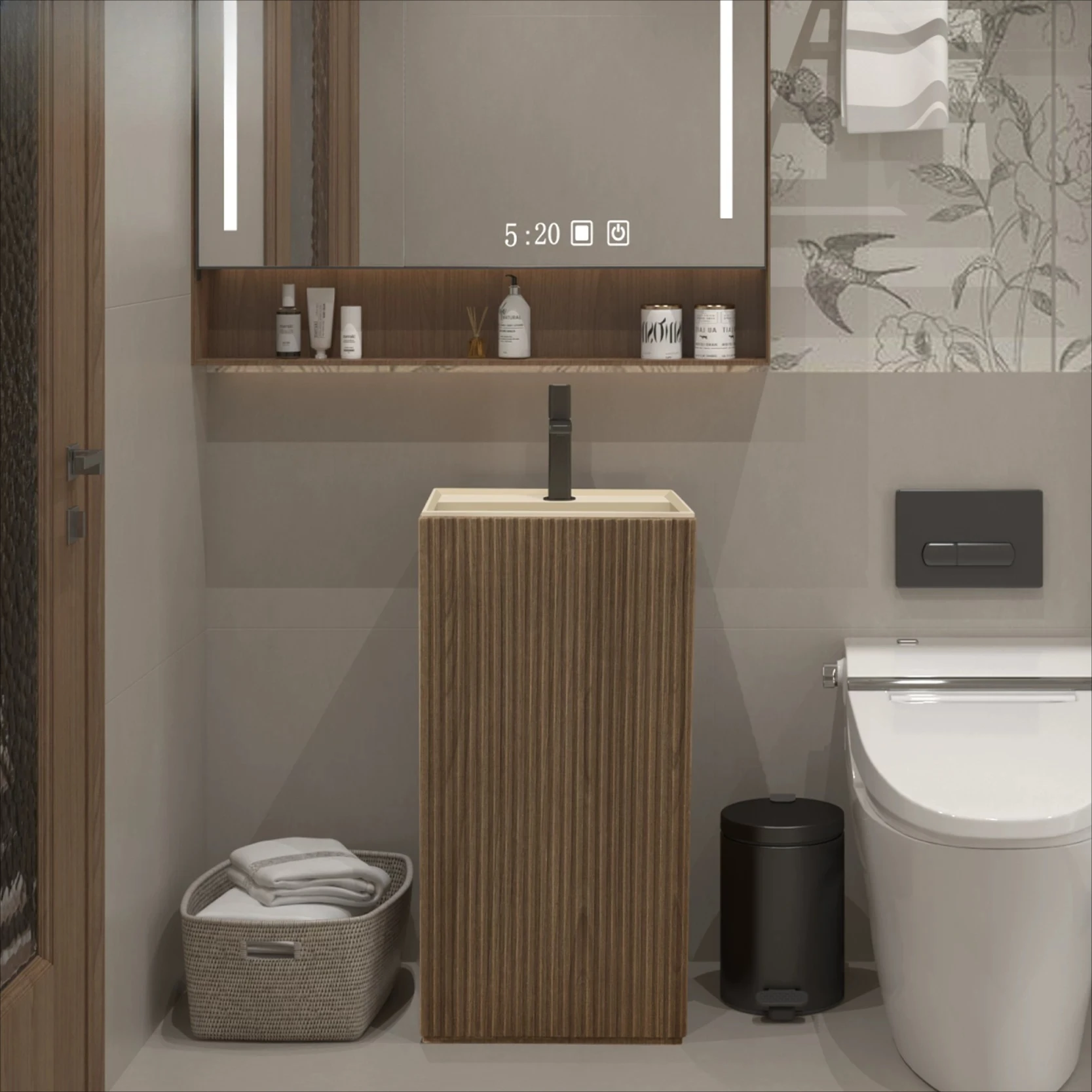 Wood Grain Striped Art Column Basin Designer Personalized And Creative Integrated Floor-to-ceiling Square Wash Basin
