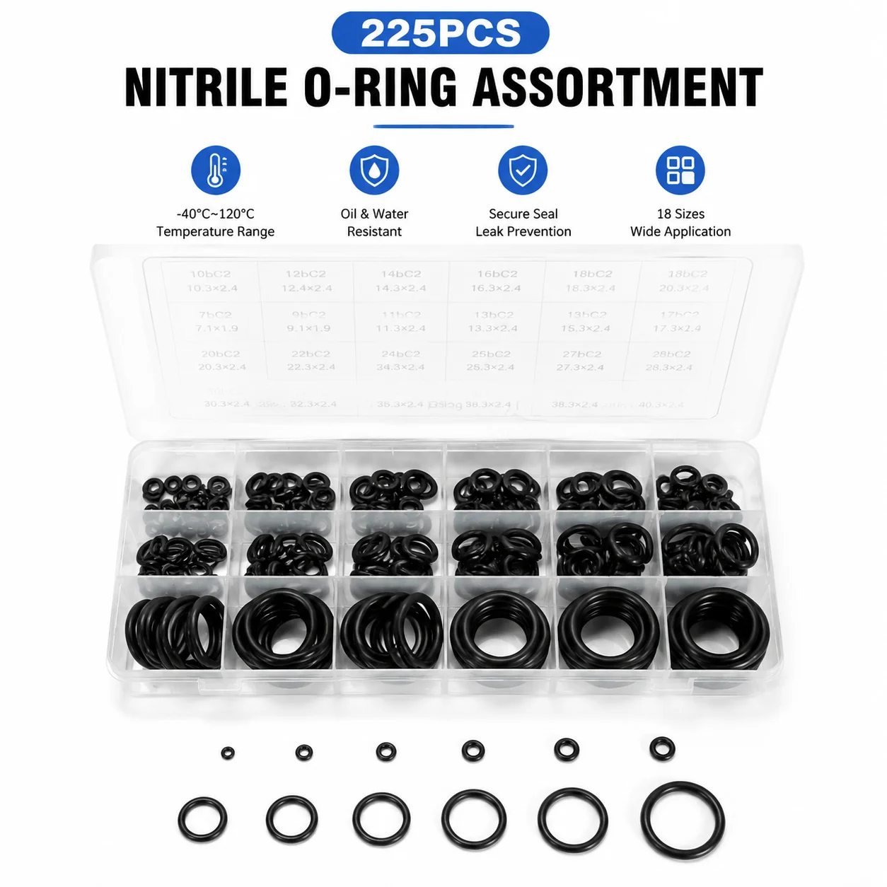 225 NBR Nitrile Rubber O-ring Set CS 2.4mm Outer Diameter 7-30mm Oil Resistant and Anti-aging Mechanical Seal Maintenance