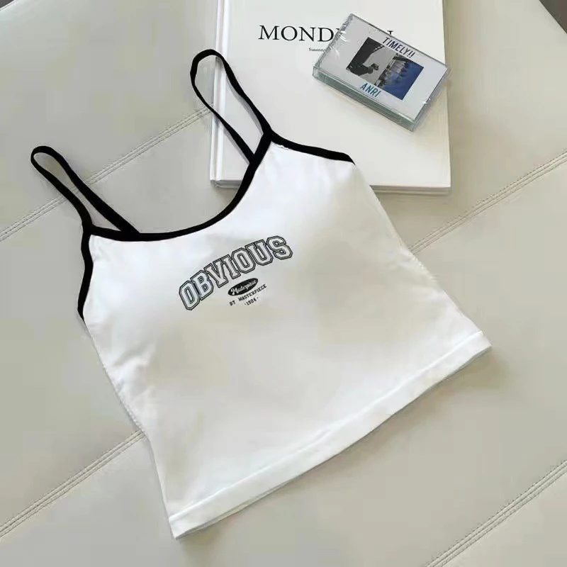 American Letters Bra Pad Sexy Tank Top Y2K Solid Short Women'S T-Shirt Tank Top Exposed Navel Top Sleeveless Exposed Navel Tank