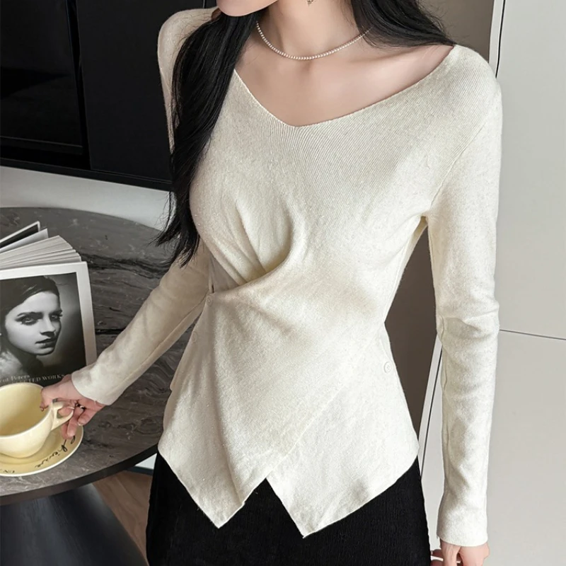 

REALEFT осень-зима нерегулярный перекрестный вязаный женский пуловер, топы, новинка 2025 года, корейский женский свитер с длинными рукавами