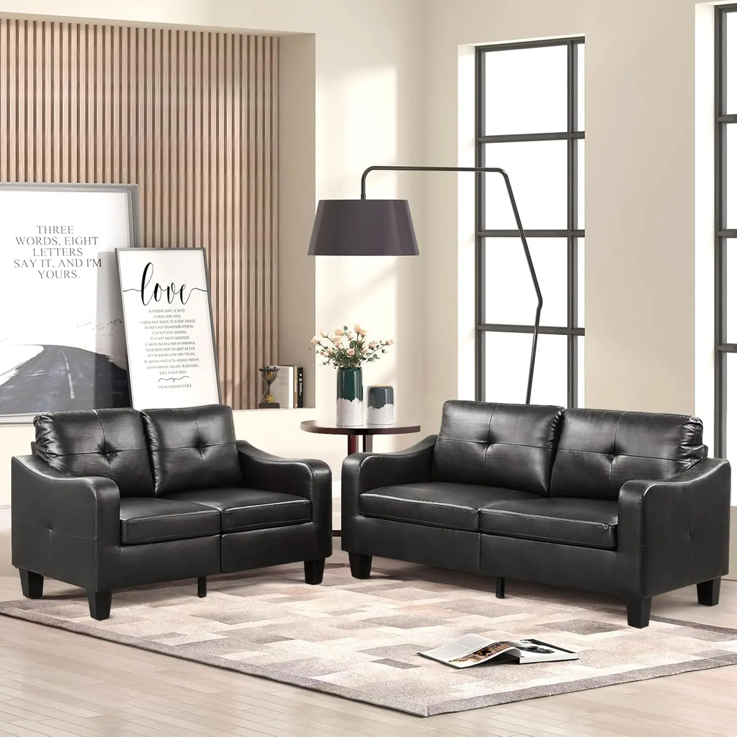 2 Piece Living Room Sofa Set, Wood Frame and Sturdy Legs, Modern Upholstered Sofa Sets with 3-Seat Couch and Faux Leather