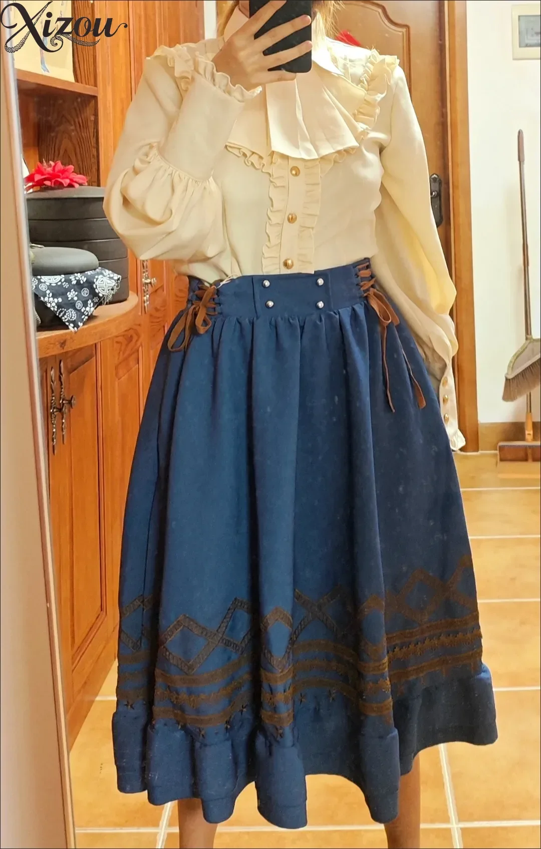 Women Sweet Classic Lolita Ruffle Blouse Embroidery Midi Skirt Two Piece Vintage Daily Riding Outfit Set Spring Summer 2026