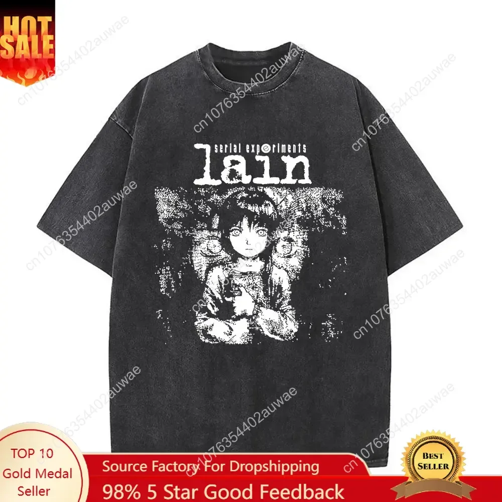 

Japanese Anime Serial Experiments Lain Vintage Washed T Shirt Manga Iwakura Girl Sci Fi T-shirts Men 100% Cotton Casual T Shirt