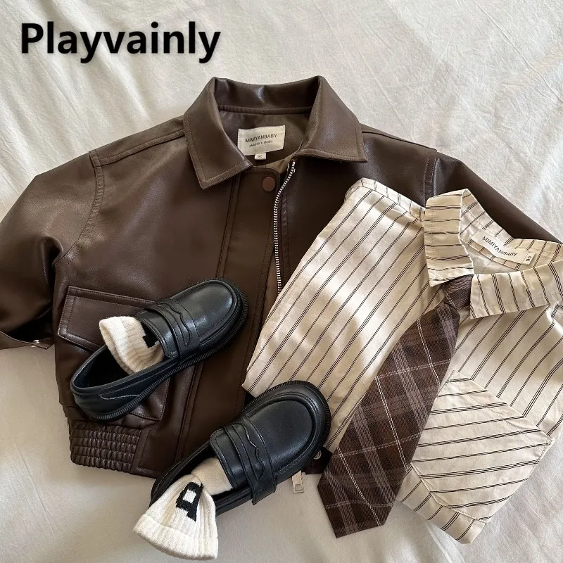 

2025 New Kids Faux Leather Jacket Spring Autumn Solid Color Turn-down Collar Zipper Coats Boys and Girls Trendy Outerwear A6123