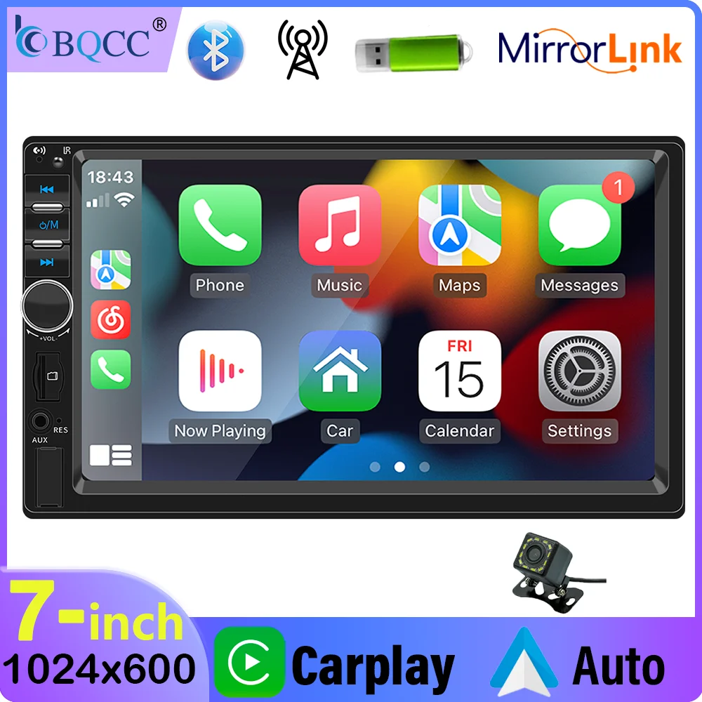 

BQCC 7'' 2Din Car Player Wireless Carplay Android Aotu Mirrorlink Colorful lights Rear View FM Radio HD Stereo Video Output BT