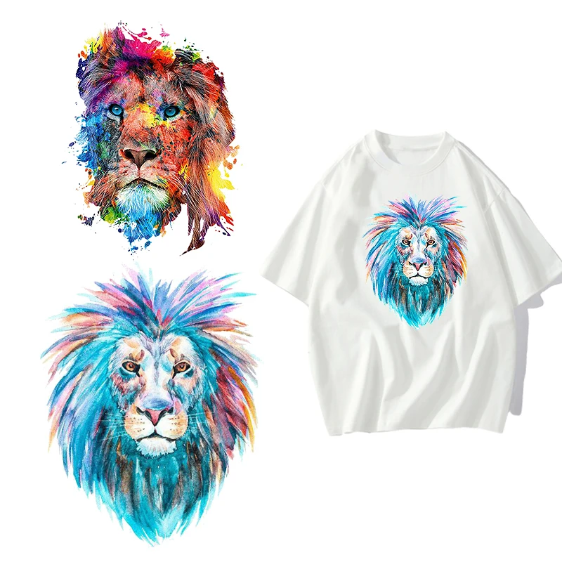 Cartoon colored lion pattern DTF Thermo Sticker Decals Heat Transfer Clothes Clothing Crafts Ironing Diy Accessory Wholesale