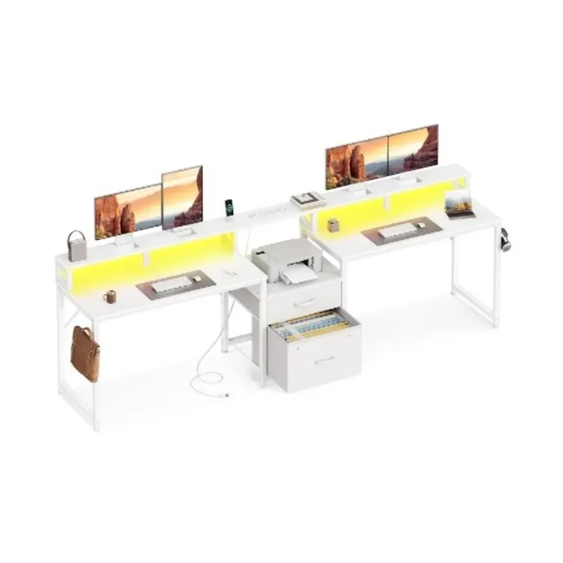 Double Computer Desk with LED Light Power Strip 2 Fabric Drawers Home Office Workstation Writing Table Display Bench