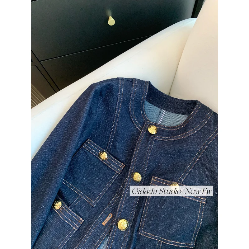 Frauen Koreanische Mode Vintage Klassische Blau Chic Taste Denim Jacke Y2K Frühling Herbst O Hals Langarm Lose Taschen Outer