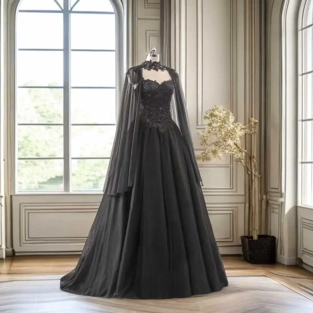 

Gothic Black Wedding Dresses for Bride Lace Appliques Bridal Gowns Tulle Wedding Gowns