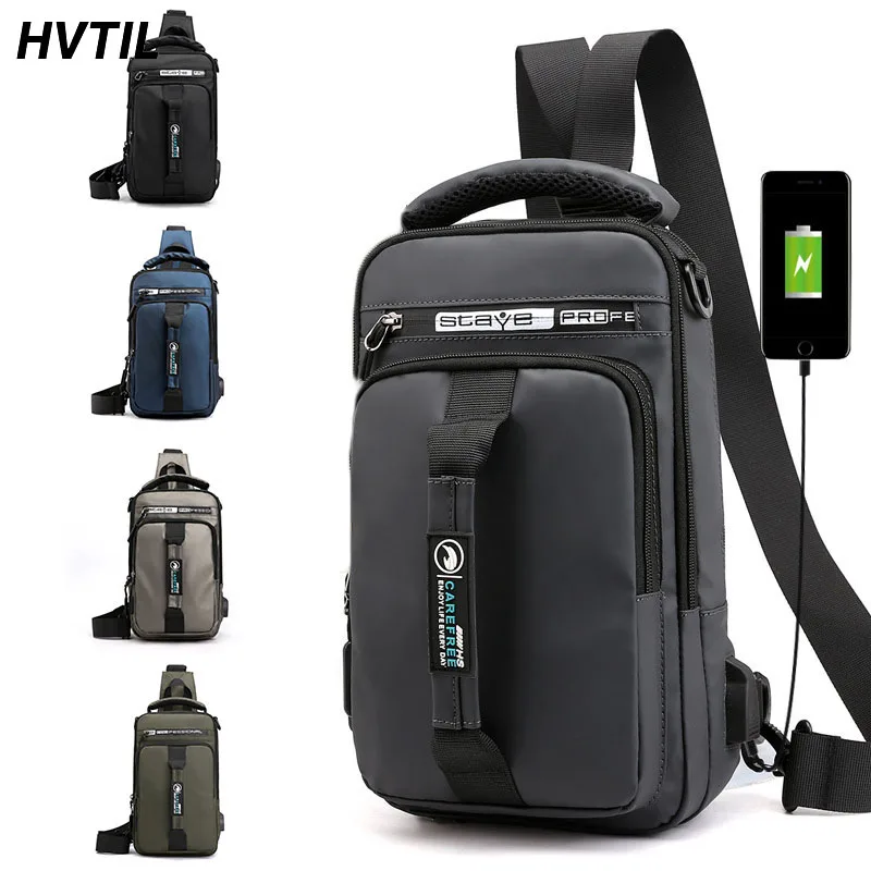 HVTIL Fashion Men Chest Bag USB Charging Male Sling Luxury Waterproof Single Shoulder Pack For Travel Leisure Nylon Soft Bolsas