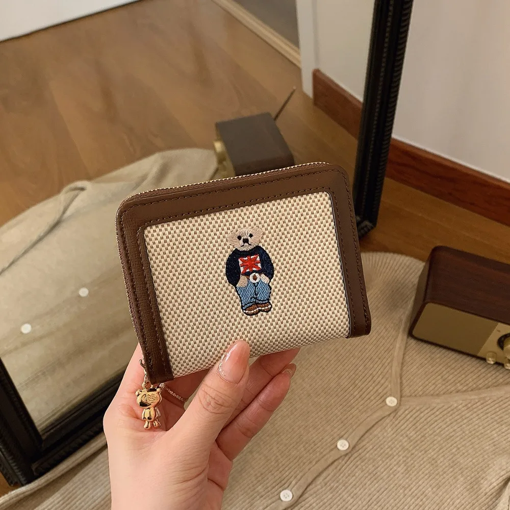 

Delicate Cute Knitted Bear Women's Purse Multiple Card Slots Canvas Card Holder Cartoon Handbags Gift