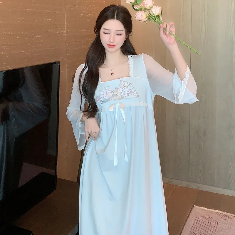 Female New Chinese Court Style Long Nightgown Embroider  Mesh Bathrobe Sleepwear Summer Nightdress Casual Modal Home Wear