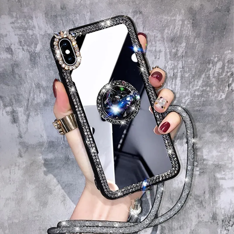 Mirror Rhinestone Makeup Women Phone Case For iPhone 16 15 Pro Max 15 Plus 15 Pro Diamond Finger Ring Cover