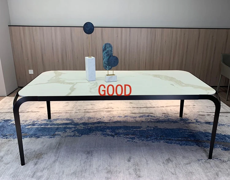 Italian Style Light Luxury Stone Plate Dining Table Rectangular Nordic Metal Feet Household Dining Tables and Chairs Set