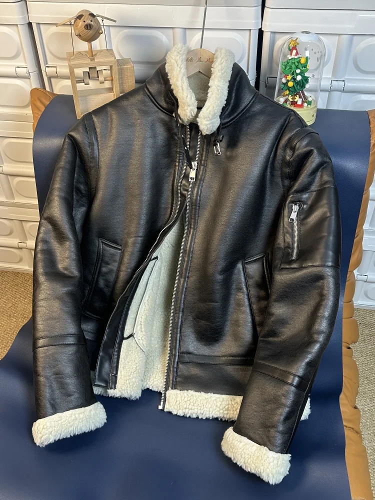 Warm Fleece Lined Men's B3 Flight Jacket Leather And Fur Integrated Autumn Winter High End Fashion Outerwear Standard Fit Zip...