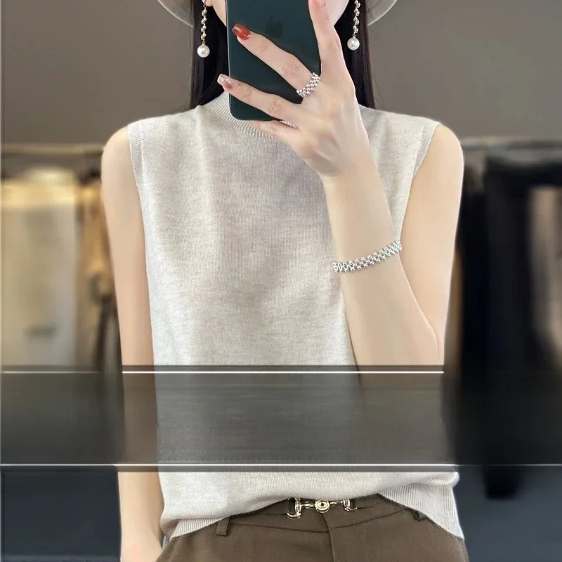 Loose Knitted Base Shirt Summer Half High Collar Outerwear Sleeveless Top Large Size Upper Apparel Commute Style Pure Color