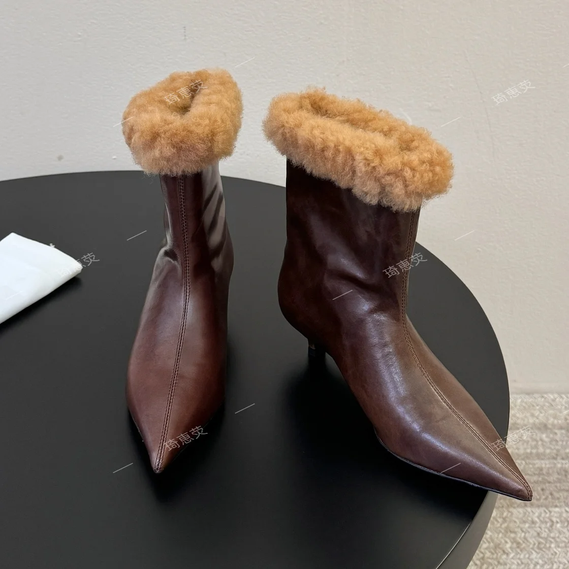 Original Top-Grain Leather Warm Einter Chunky-Heeled Pointed Toe Ankle Boots With Mink Fur Fashionable Boots Sapato Feminino