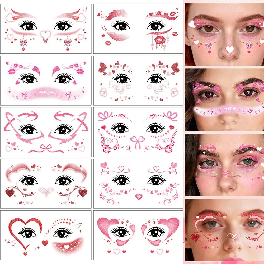 

10Pcs Glitter Valentine's Day Heart Ribbon Kisss Print Tattoo Stickers Red/Pink Love Bow Temporary Tattoos Sweet Makeup Decals 1