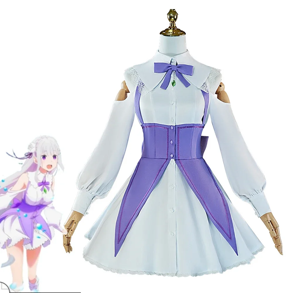 ANIMECC XS-2XL Emilia Rezero Cosplay Costume  Wig Anime Re Zero Cosplay Dress Halloween Party Outfits for Women