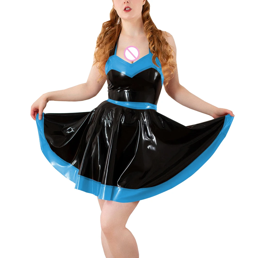 

Plus Size Women Vintage PVC Dress Office Lady High Waist Pleated Halter Dress Wetlook Clubwear Elegant Backless Party Dress Robe