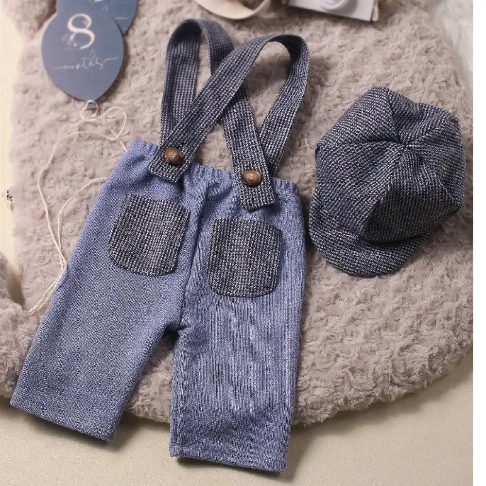 Classic Soft Newborn Photography Outfit Suspender Romper Newsboy Hat Gentleman Suit Set Baby Romper Set Baby Photo Shoot