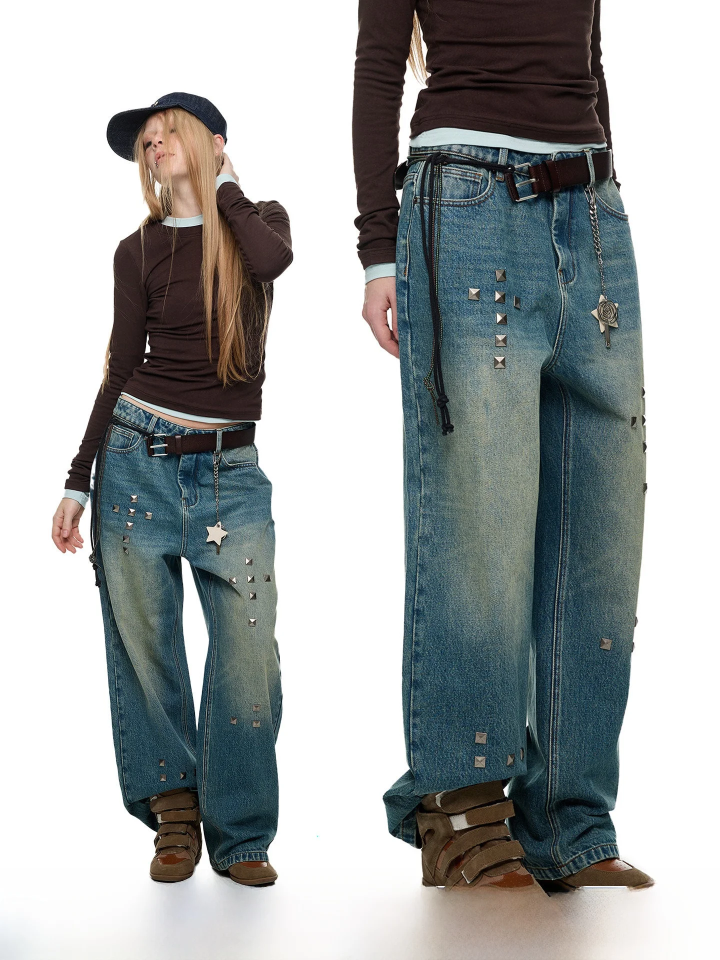 

JIKOO Vintage Waed Distred Denim Wide Leg Long Pants Loose Straight Casual Sle Women's Jeans Blue Cotton Polyester